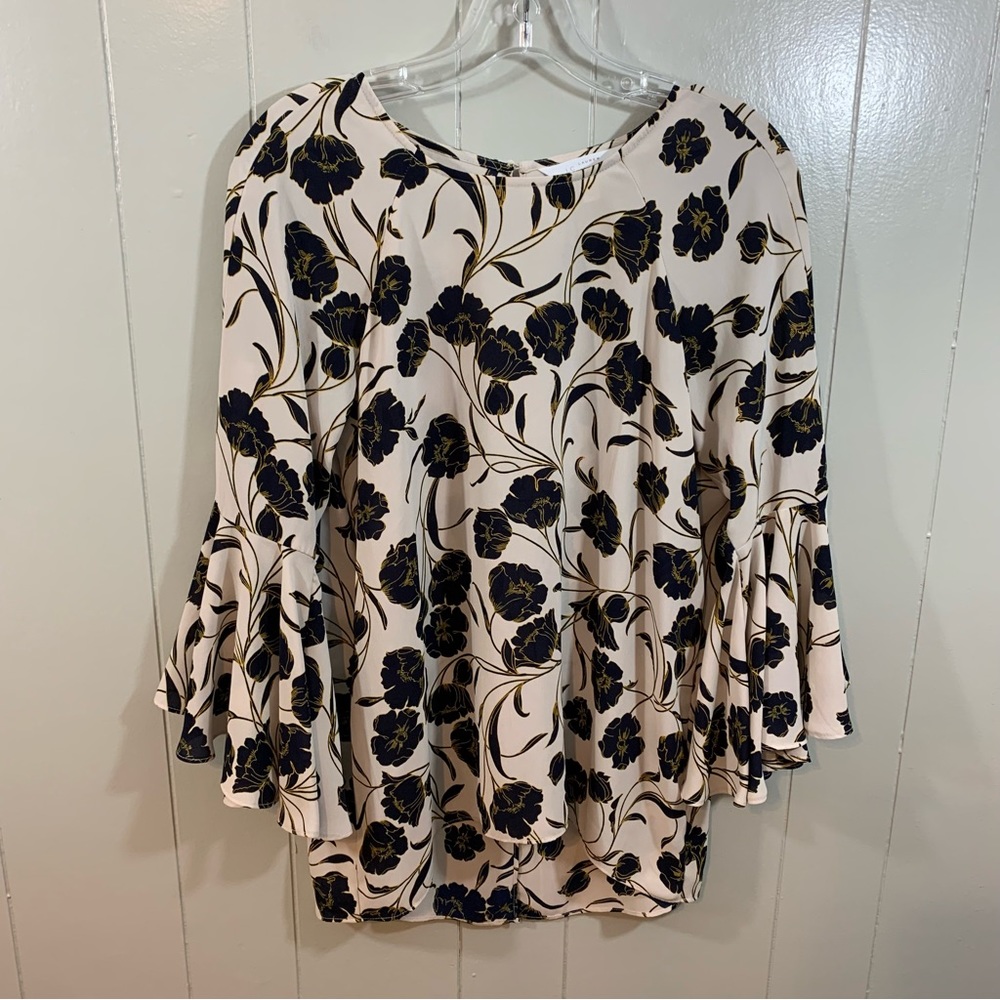 LC Lauren Conrad Beige Multi Floral 3/4 Bell Sleeve Cut Out Back Blouse Top M
